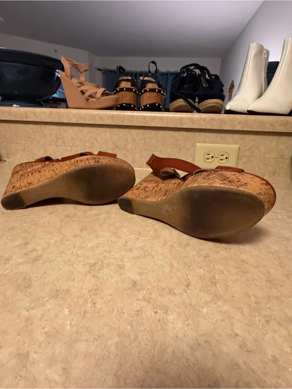 Women's Brown Leather Cork Wedge Sandals Size 10